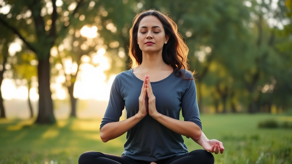Woman meditating peacefully outdoors in natural setting with trees and soft morning light, demonstrating stress management and mental wellness practices