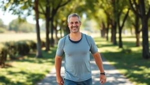 A fit middle-aged man in athletic wear walking outdoors on a sunny path through a park, smiling with confidence and vitality, representing health and wellness transformation