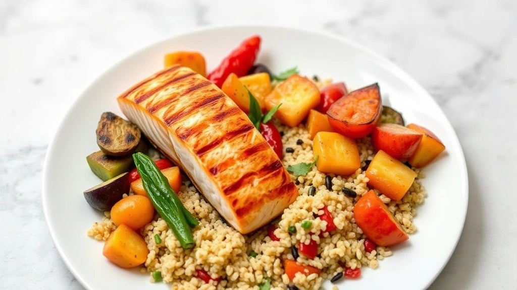A colorful plate of grilled salmon, roasted vegetables, and quinoa on a white plate, photographed from above in natural lighting, symbolizing balanced whole-food nutrition