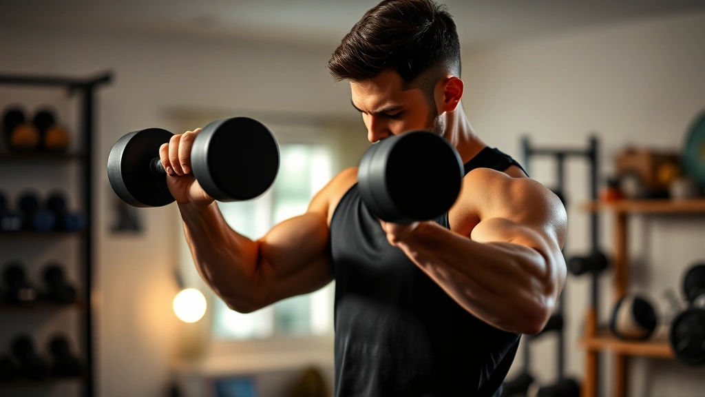 A person performing a dumbbell exercise in a well-lit home gym setting, showing strength training form and dedication to fitness, with focus on proper technique and determination