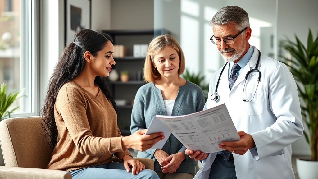 Professional healthcare provider consultation in modern medical office, patient and doctor reviewing health information, warm supportive environment with natural lighting, diverse middle-aged woman and male physician discussing weight loss plan