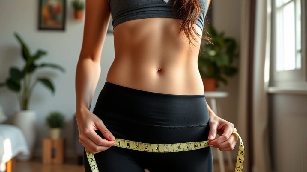 Woman measuring progress with measuring tape around waist, confident positive expression, home environment, casual athletic wear, morning light from window, hands holding tape measure at natural angle