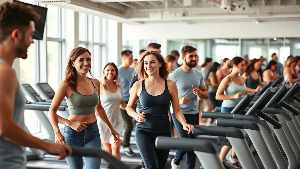 Diverse group of people in modern fitness facility, various ages and body types, smiling and energetic, walking on treadmills and using equipment, bright clean environment, natural interactions, no mirrors visible