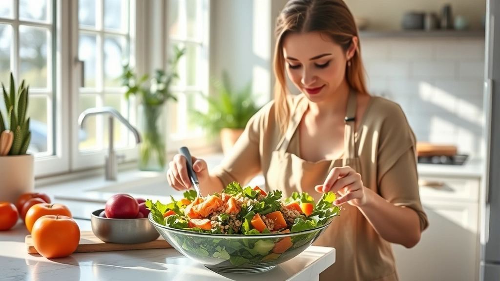 A woman preparing a colorful salad with fresh vegetables, salmon, and whole grains in a bright kitchen, natural morning light streaming through windows, warm and inviting atmosphere