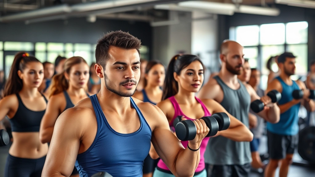A diverse group of people doing strength training exercises in a gym setting, using dumbbells and resistance equipment, focused and energized expressions, modern fitness facility
