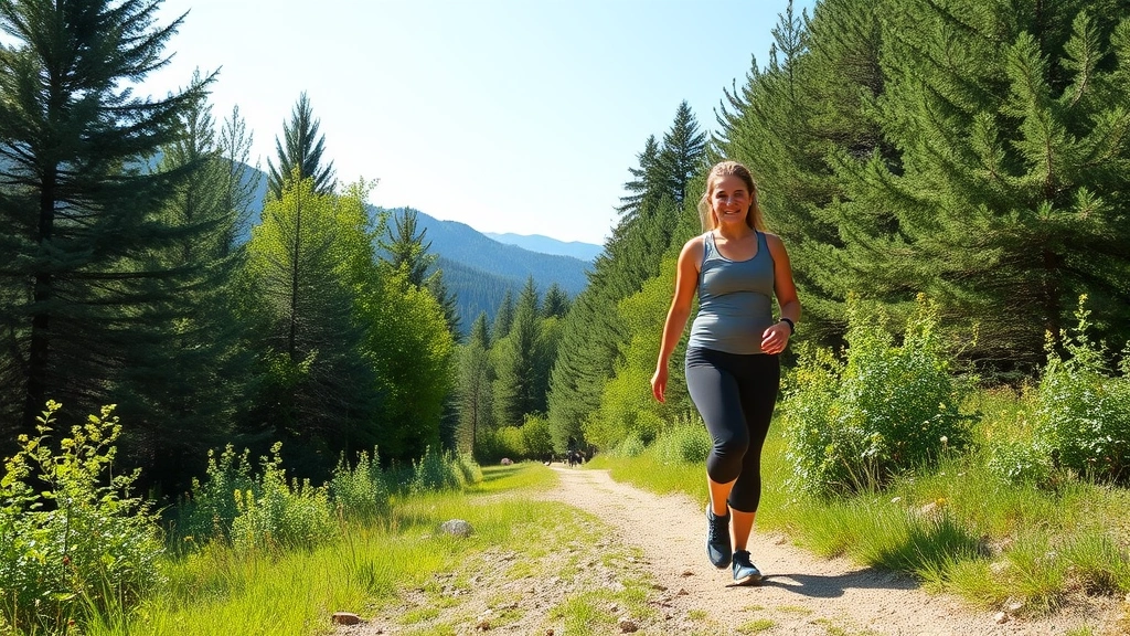 A person walking outdoors on a peaceful trail surrounded by green trees and natural scenery, wearing comfortable athletic clothes, confident posture, bright sunny day