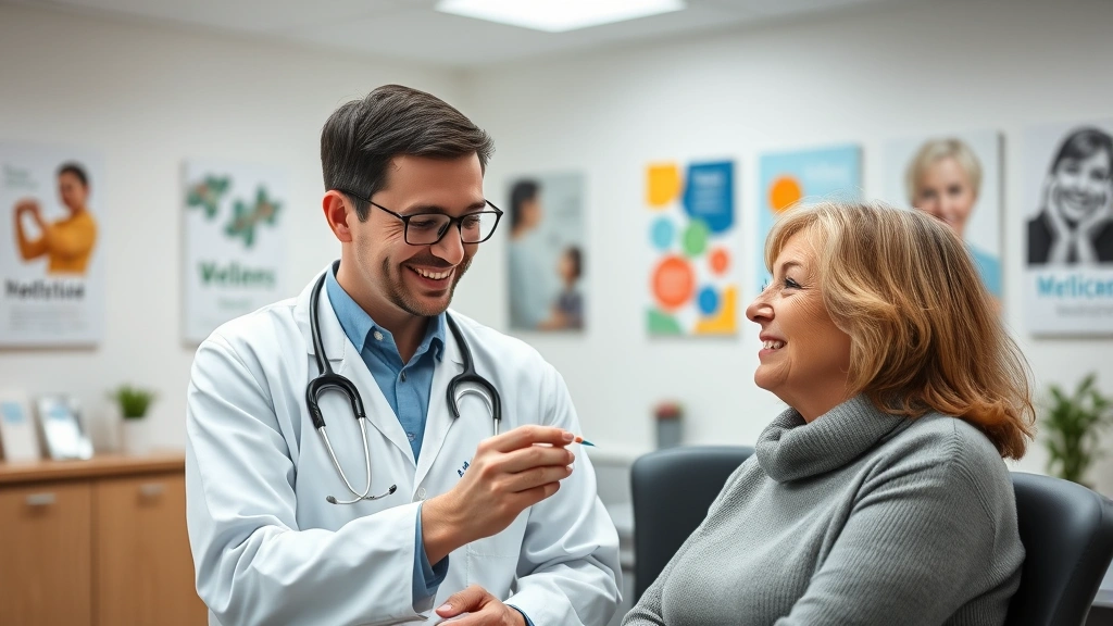 A healthcare professional in clinical setting reviewing medication injection pen with patient, both smiling, modern medical office with wellness posters, natural lighting, photorealistic, professional atmosphere