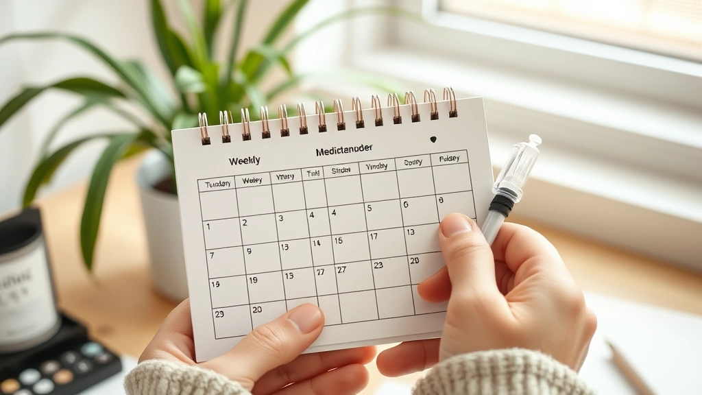 Close-up of hands holding weekly medication reminder calendar with injection pen nearby, organized lifestyle setup, plant in background, morning light, wellness-focused composition