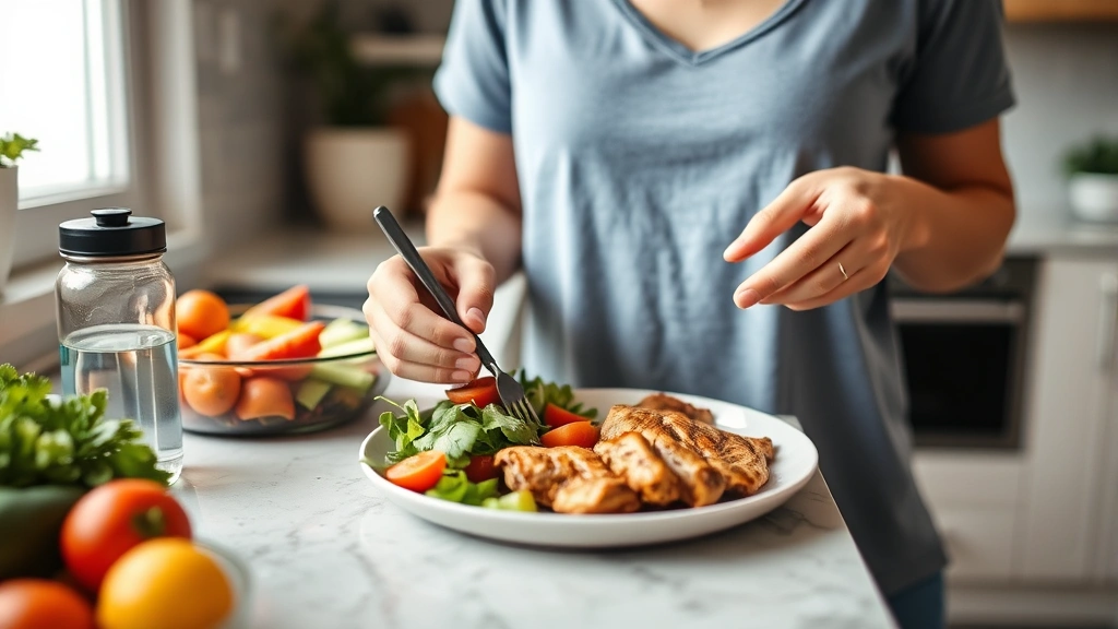 Person in home setting preparing healthy meal with fresh vegetables and lean protein on plate, kitchen counter with water bottle, natural daylight from window, healthy lifestyle imagery