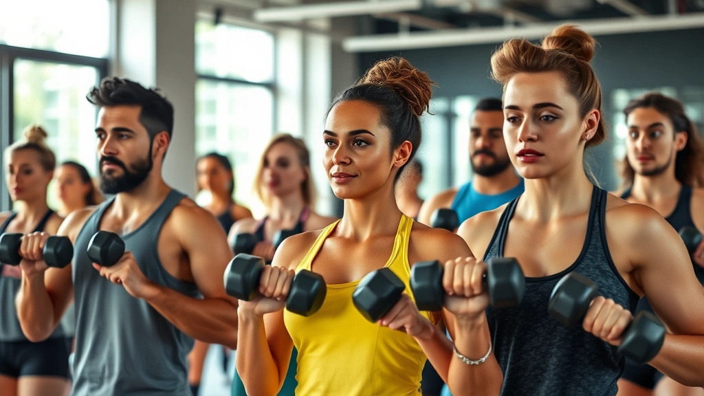 A diverse group of people at a fitness class doing resistance training with weights and dumbbells, showing strength exercises, focused expressions, modern gym environment with natural lighting