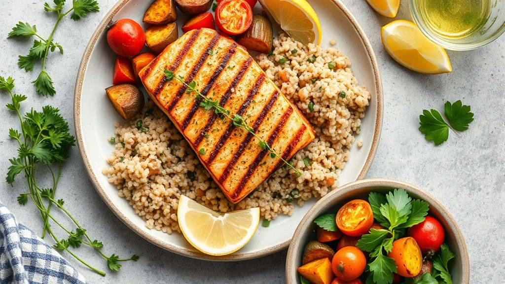 A nutritious meal plate featuring grilled salmon, quinoa, roasted vegetables, and a side salad, photographed from above with fresh herbs and lemon wedges, vibrant colors, professional food photography style