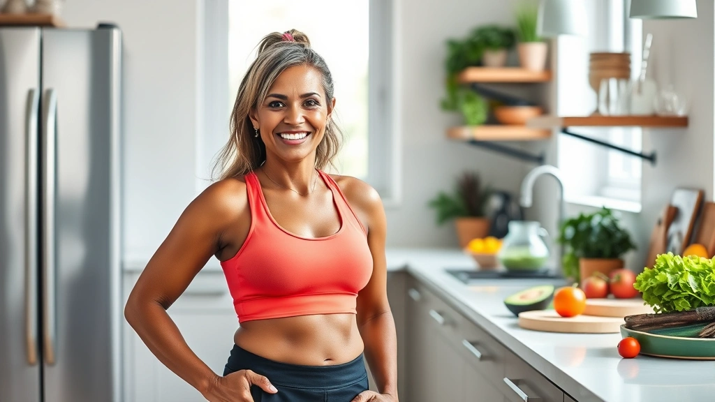 Photorealistic image of a diverse woman in her 40s smiling confidently in athletic wear, standing in a bright, modern kitchen with fresh vegetables and healthy foods on the counter, natural window lighting, wellness-focused, no text or numbers