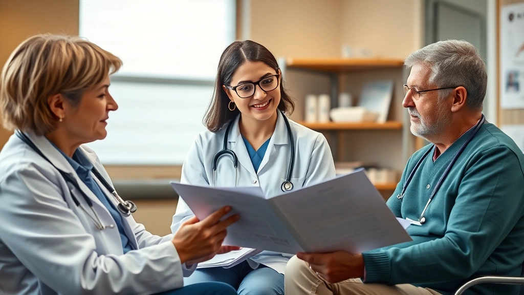 Photorealistic image of a healthcare provider in professional attire reviewing documents with a patient during a consultation, warm clinic setting, demonstrating medical guidance and support, no charts or visible text