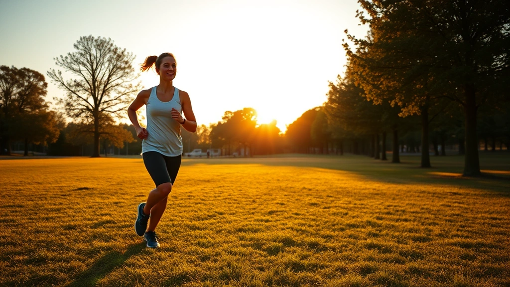 Photorealistic image of a fit person jogging outdoors in a park during golden hour, trees and natural scenery in background, conveying health and maintenance of weight loss, no visible text or metrics