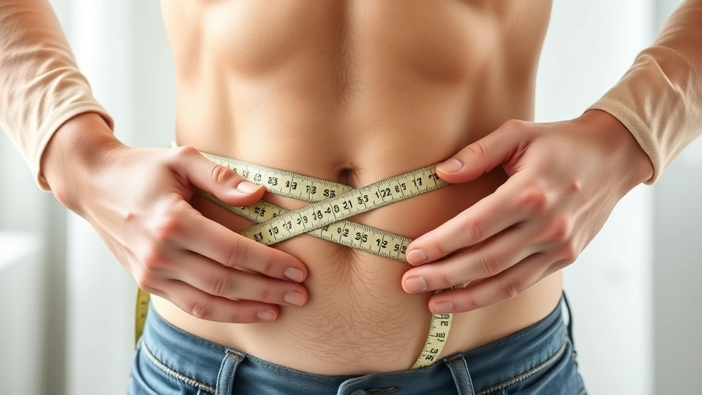 Person measuring waist with tape measure, professional healthcare setting, showing progress and positive health transformation, natural lighting, close-up of hands and torso area
