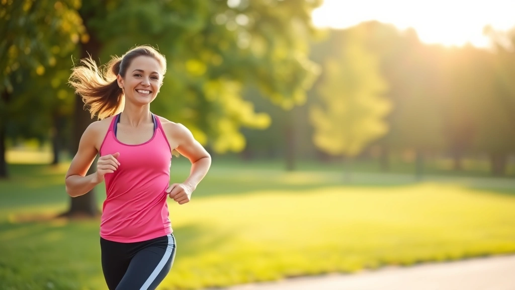 Woman jogging outdoors in park wearing athletic clothes, smiling, energetic movement, morning sunlight, green trees background, showing improved fitness and wellness