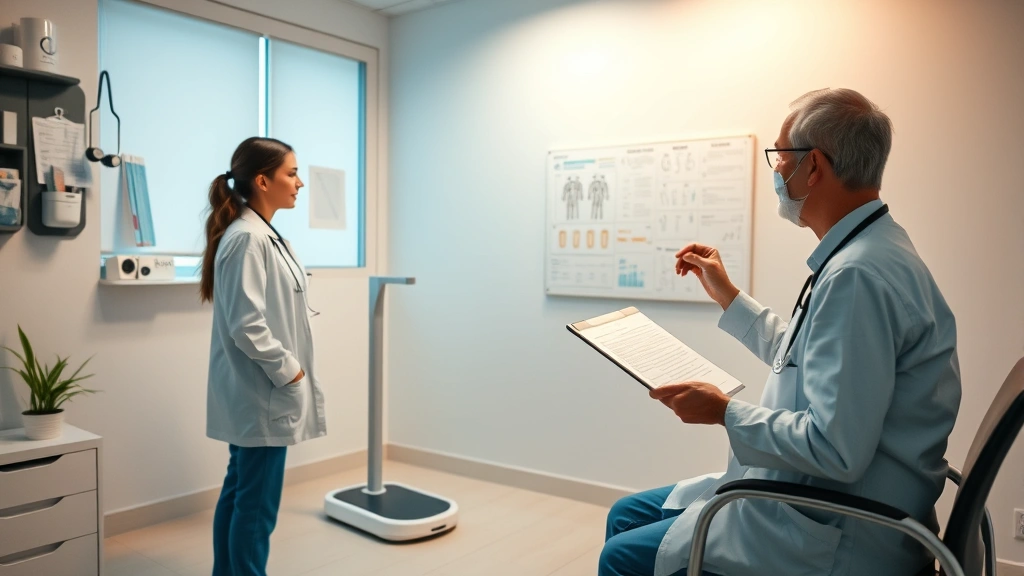 Healthcare provider consultation room with person standing on scale, doctor reviewing health chart, professional medical environment, warm lighting, supportive healthcare moment