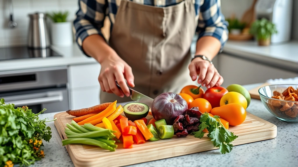 Person preparing colorful whole foods in modern kitchen, fresh vegetables and proteins on cutting board, healthy nutrition preparation