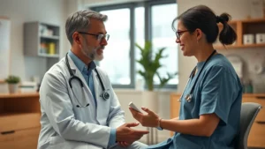 Photorealistic image of a healthcare provider consulting with a patient in a modern clinical office setting, discussing medication options. Both appear engaged and professional. Warm, welcoming medical environment with natural lighting, no charts or text visible.
