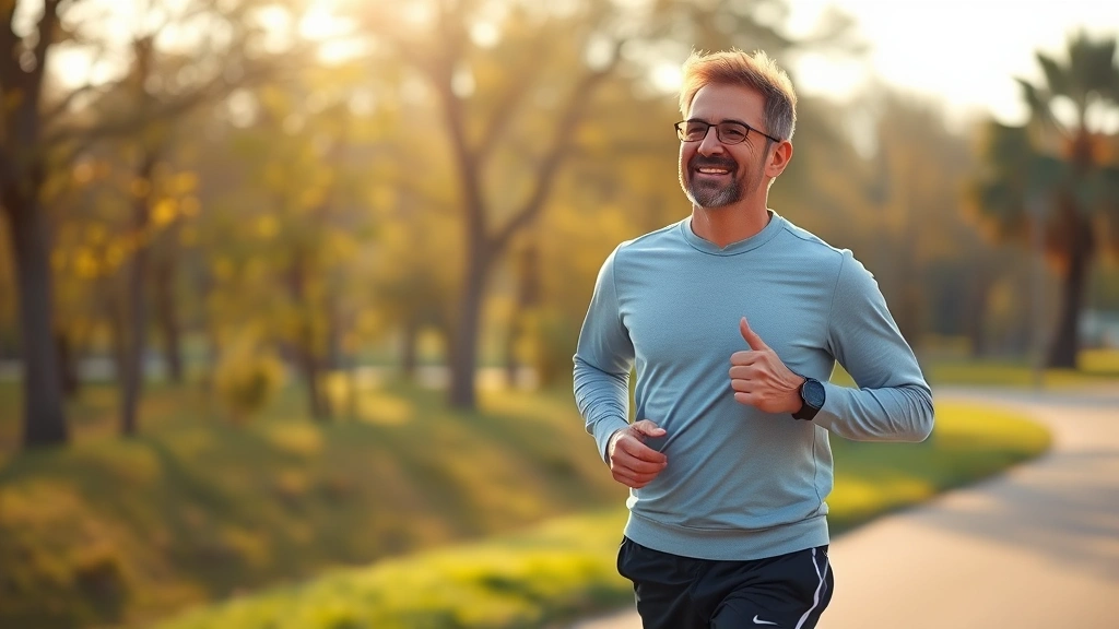 Photorealistic image of a patient experiencing positive health benefits: someone jogging outdoors in a park with morning sunlight, appearing energetic and confident. Natural landscape background, no text or numbers, focusing on wellness and active lifestyle.