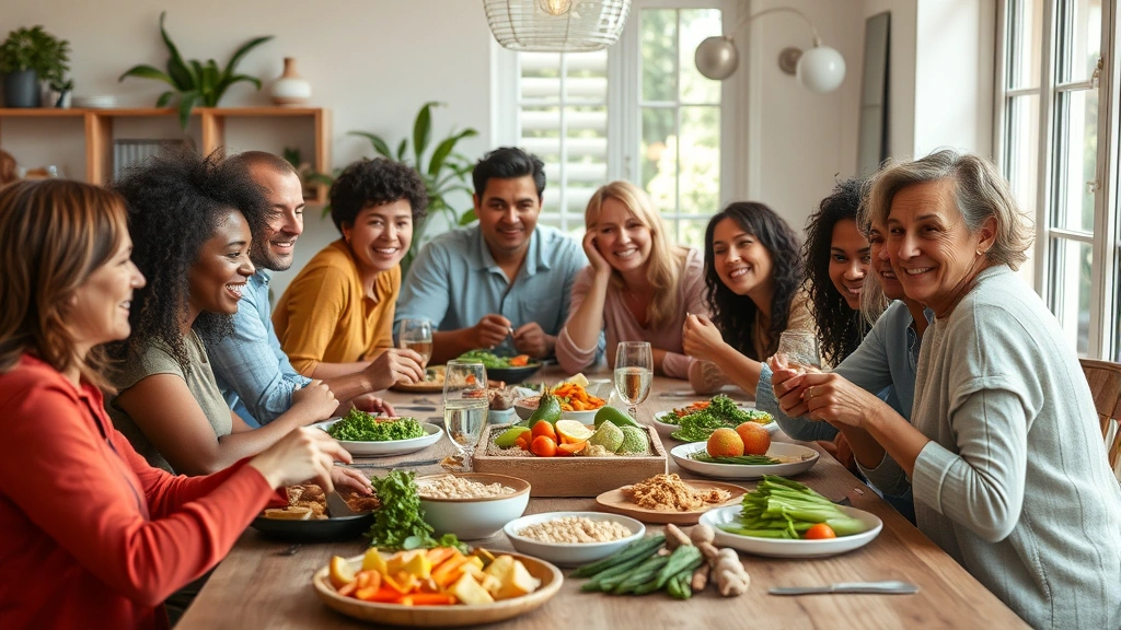 Photorealistic image of a diverse group of people enjoying a healthy meal together at a table with fresh vegetables, whole grains, and nutritious foods. Natural indoor lighting, relaxed social atmosphere, no meal plans or nutritional labels visible.