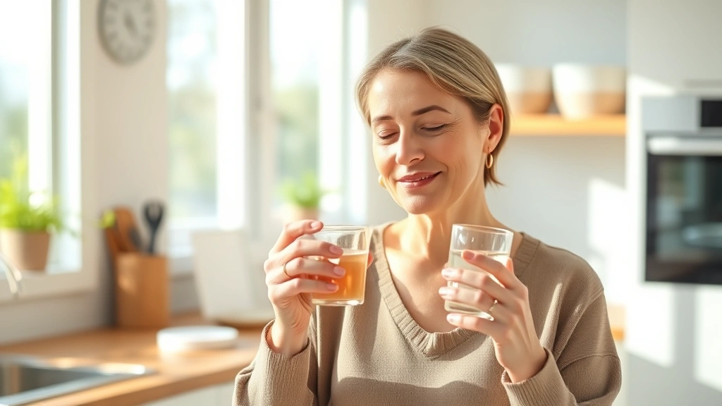 Serene woman taking medication with water glass in bright kitchen, natural morning light, peaceful expression, healthy lifestyle setting, no text or labels visible