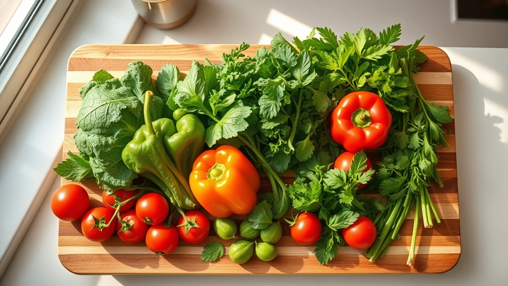 Overhead view of a colorful wooden cutting board displaying fresh vegetables including leafy greens, bell peppers, cherry tomatoes, and fresh herbs, with natural window light illuminating the scene, clean modern kitchen background