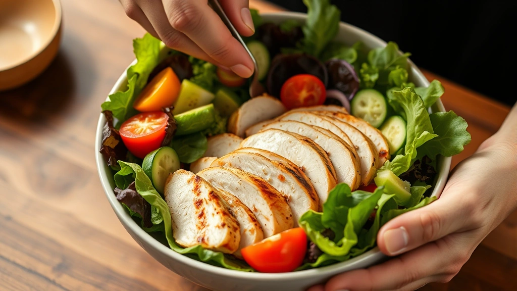 Close-up of hands preparing a vibrant salad bowl with mixed greens, grilled chicken breast slices, and fresh vegetables, wooden table surface, warm natural lighting emphasizing fresh ingredients