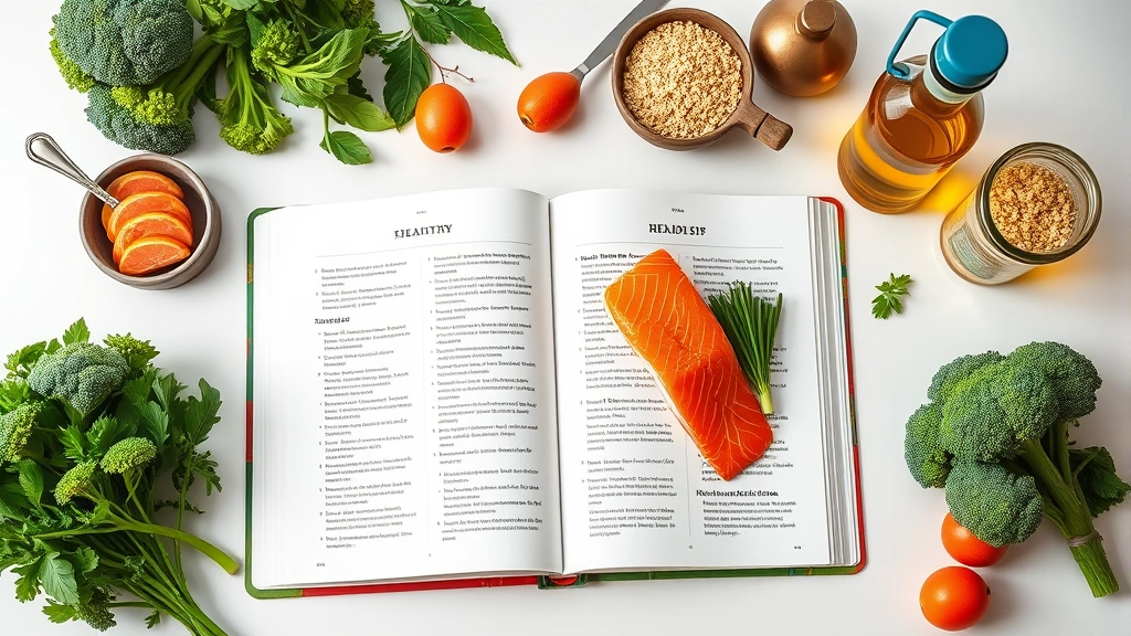 Flat lay of an open cookbook with healthy recipes displayed, surrounded by fresh ingredients like salmon fillet, broccoli, quinoa, and olive oil bottle on a clean white kitchen counter, soft natural daylight