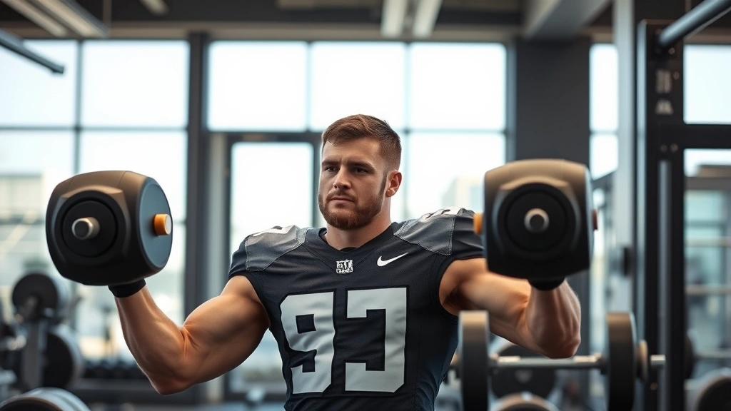 Athletic male tight end in professional football uniform performing intense weight training in modern gym facility, focused expression, dumbbells and strength equipment visible, natural lighting