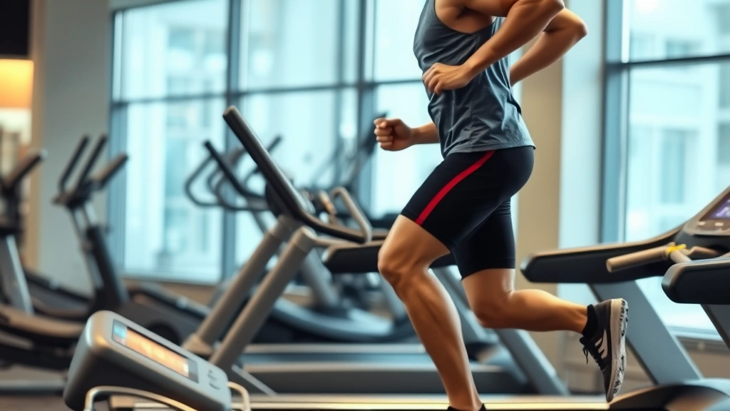 Person performing high-intensity interval training on treadmill, captured mid-sprint with dynamic movement, sweat visible, modern gym equipment in background