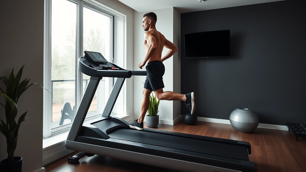 Fit individual walking uphill on inclined treadmill, demonstrating proper posture and engagement, modern home gym setting with minimalist aesthetic