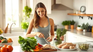 Woman in bright kitchen preparing fresh vegetables and lean proteins for healthy meal, natural lighting, warm and encouraging atmosphere, fit and healthy appearance