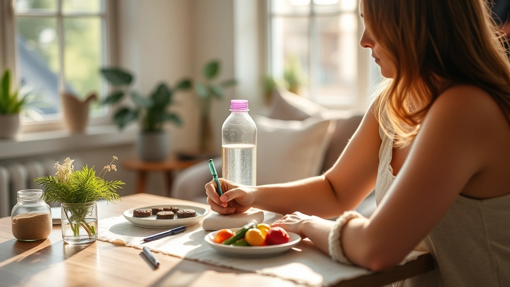 Woman journaling with water bottle and healthy meal on table, peaceful home setting, morning sunlight, mindful and motivated expression, wellness lifestyle