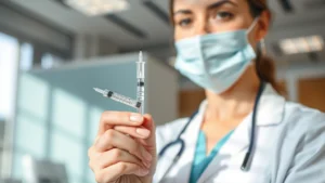 Woman holding Trulicity injection pen, modern medical setting, natural lighting, professional healthcare environment, focused expression