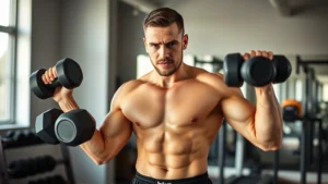 Professional man in athletic wear performing resistance training with dumbbells in modern home gym, focused expression, natural lighting, healthy physique