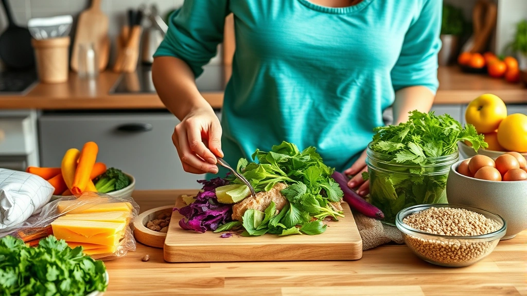 Woman preparing colorful whole foods meal with fresh vegetables, lean proteins, and grains on wooden kitchen counter, natural daylight, nutritious ingredients visible