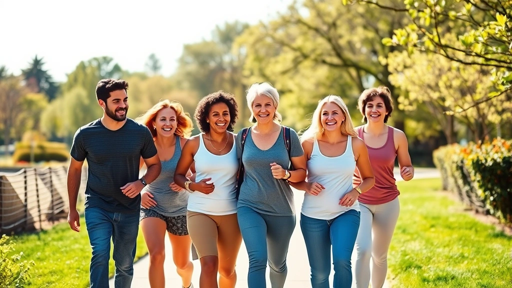 Group of diverse people walking together outdoors on sunny path through park, smiling, active lifestyle, various body types, wellness-focused setting