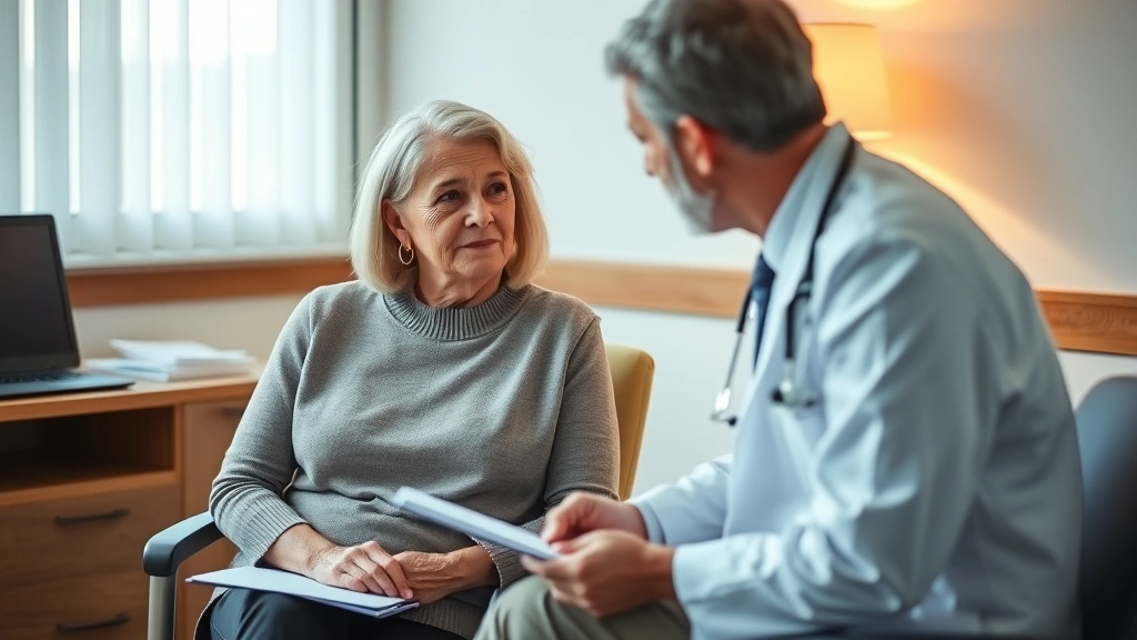 A middle-aged woman sitting in a doctor's office during a consultation, physician taking notes while patient discusses health concerns, warm clinical lighting, both appearing engaged in conversation
