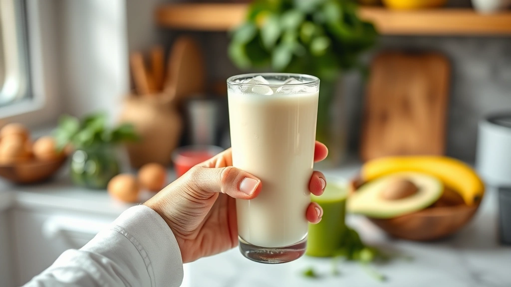 Person holding a tall frosted glass of unsweetened almond milk with ice cubes, blurred green smoothie ingredients visible in background, bright natural kitchen lighting, healthy lifestyle imagery, photorealistic