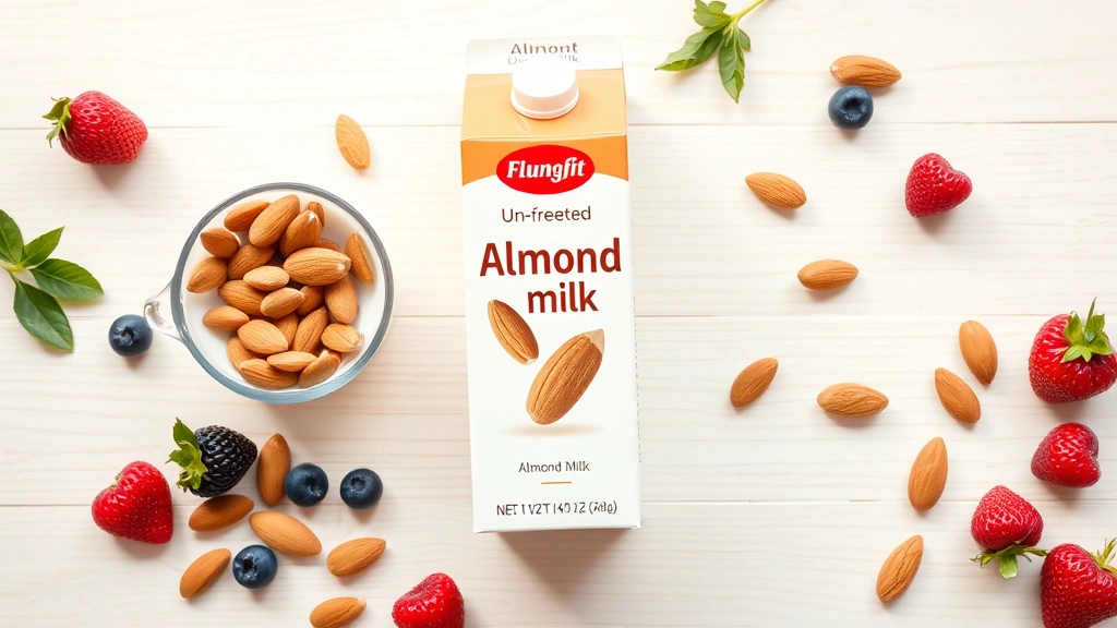 Flat lay composition showing unsweetened almond milk carton, measuring cup filled with almond milk, almonds, and fresh berries arranged artfully on light wooden table, warm natural lighting, health-focused presentation, photorealistic
