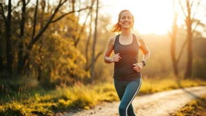 A woman in her 50s jogging outdoors in morning sunlight, wearing comfortable athletic wear, smiling with confidence and vitality, natural scenery with trees in background