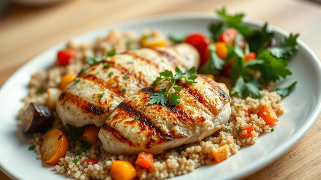 Close-up of a colorful plate with grilled chicken breast, roasted vegetables, and quinoa, fresh herbs garnish, natural kitchen lighting, wooden table surface