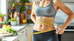 Fit woman measuring waist with tape measure, standing in bright kitchen near healthy food, focused and confident expression, natural lighting, wellness atmosphere