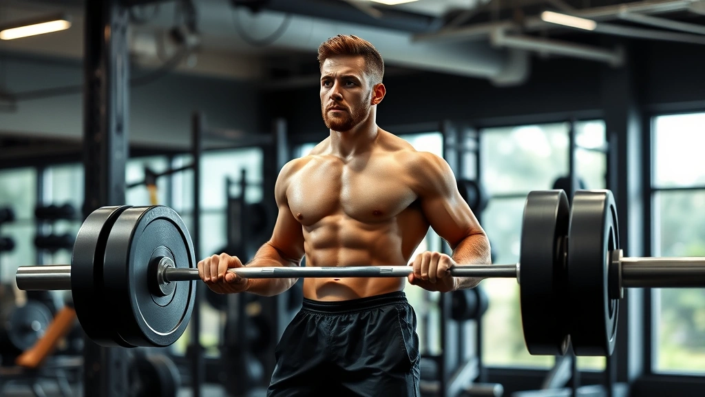 Person performing barbell deadlift with perfect form in modern gym, strong posture, athletic build, focused expression, professional training environment