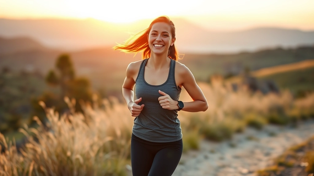 Happy woman jogging outdoors on scenic trail at sunrise, athletic wear, energetic movement, natural landscape background, health and vitality