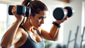 Woman performing dumbbell strength training exercises in bright home gym with natural light, focused intense expression, athletic wear, showing proper form and engagement