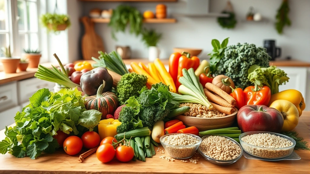 Colorful array of fresh whole foods including lean proteins, vegetables, whole grains, and healthy fats arranged on wooden table in bright kitchen setting, natural lighting