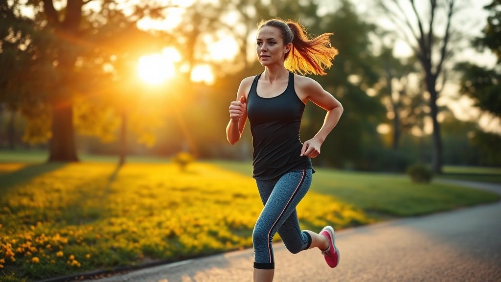 Woman jogging outdoors in park during golden hour with determination and energy, athletic fit physique, natural landscape background, wellness and vitality emphasized