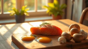 Photorealistic image of golden sunlight streaming through a bright window onto a wooden table with fresh salmon fillet, egg yolks, and mushrooms arranged naturally, warm morning atmosphere, soft natural lighting, wellness and nutrition theme